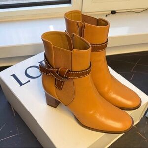 Loewe Tan Leather Mid-Heel Ankle Boots with Dark Brown Strap